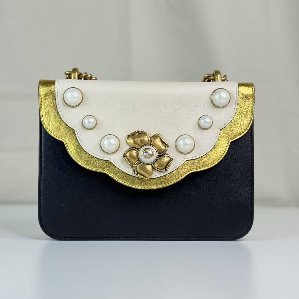 Gucci Black Leather Pearly Peony Chain Shoulder Bag